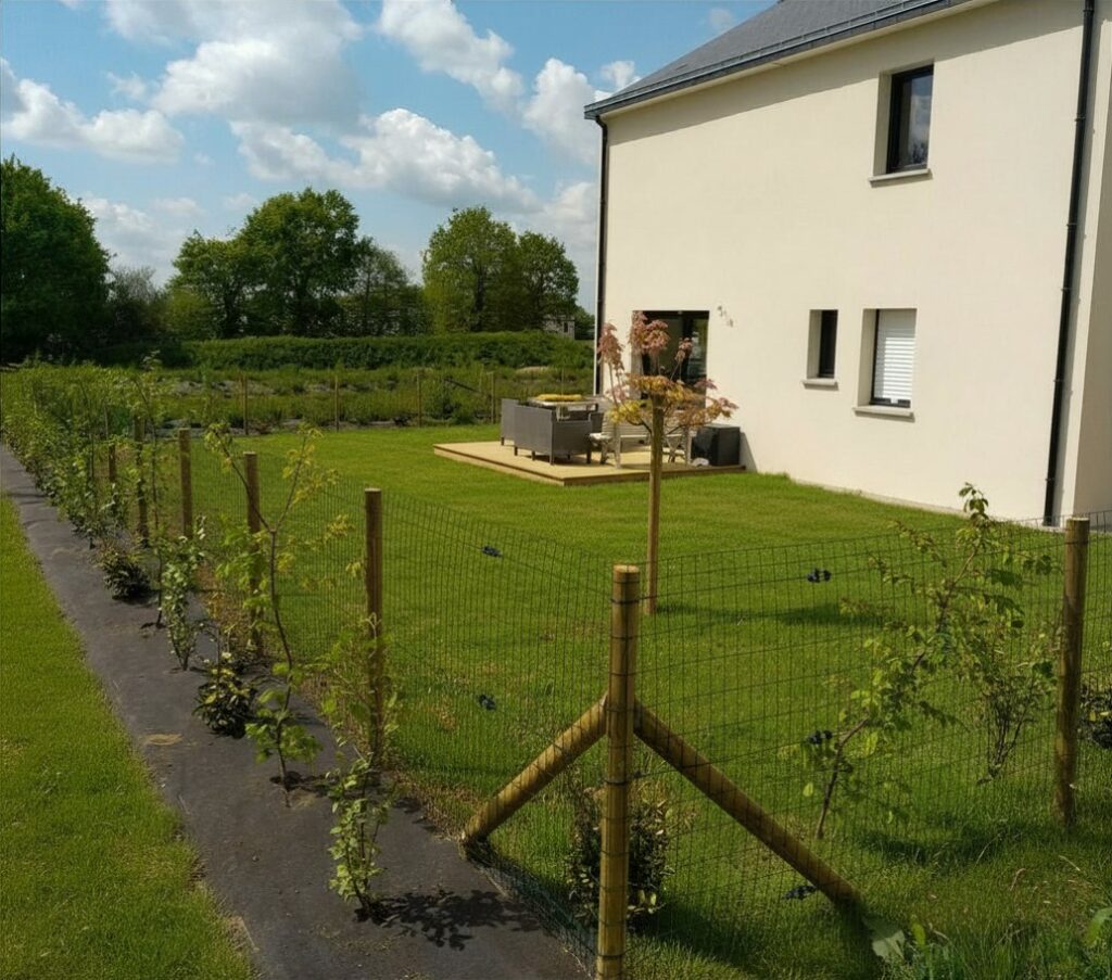 Jardin aménagé autour d'une maison neuve avec terrasse, gazon et plantations à La Chapelle-des-Fougeretz