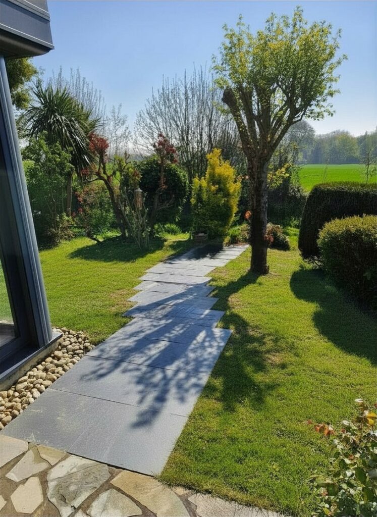 Allée d'accès en dalles de schiste permettant de rejoindre l'entrée de la maison à Montgermont