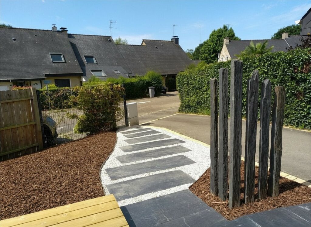 Allée d'accès minérale en dalles de schiste et gravillons à Montgermont