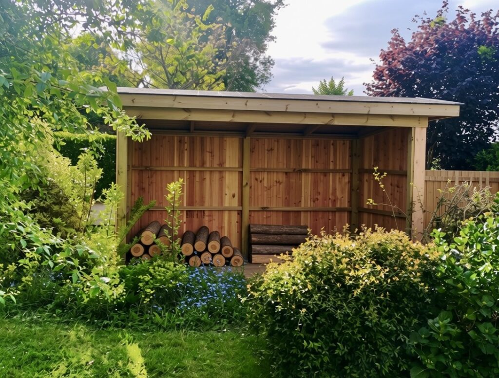 amenagement-mesure-bois-abri-bucher Abri de stockage du bois de chauffage réalisé sur mesure par Authentik Paysages