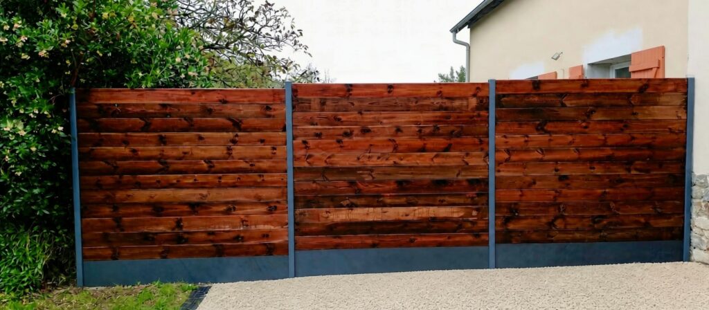 cloture-bois-soubassement-ardoise-poteau-aluminium Clôture séparative en bois de pin traité classe 4 avec poteaux en aluminium et soubassements en ardoise